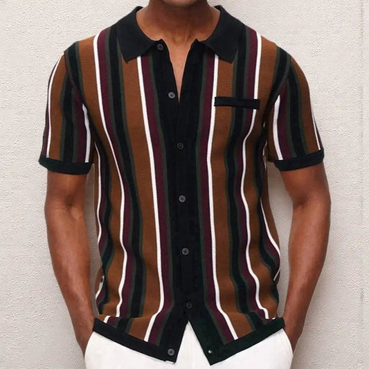 Polo Collar Striped Shirts Knitted Shirt Short Sleeve Single Breasted Casual Shirt Cardigan Loose Fit 2025 Spliced Pockets