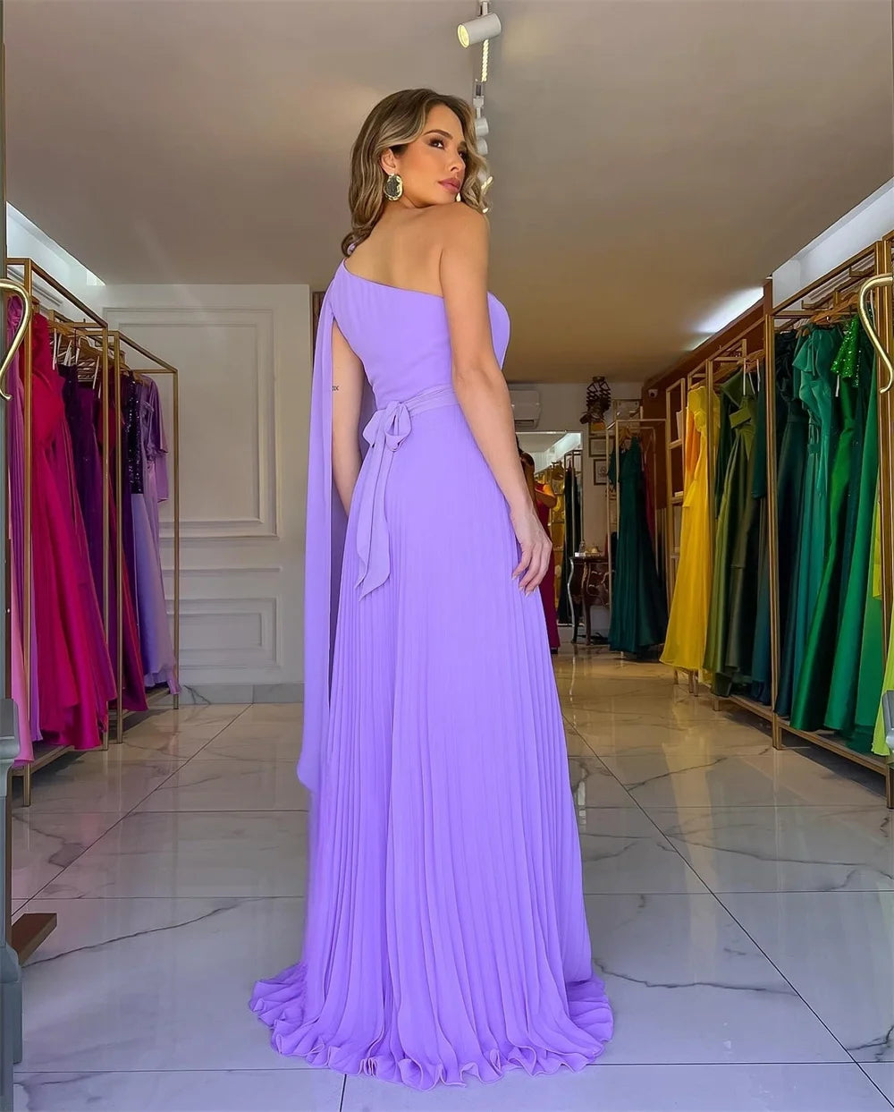 Mila Flower One Shoulder Bow Straps Prom Dresses 2025 Chiffon Elegant Evening Dresses Floor-Length Customized Party Dresses