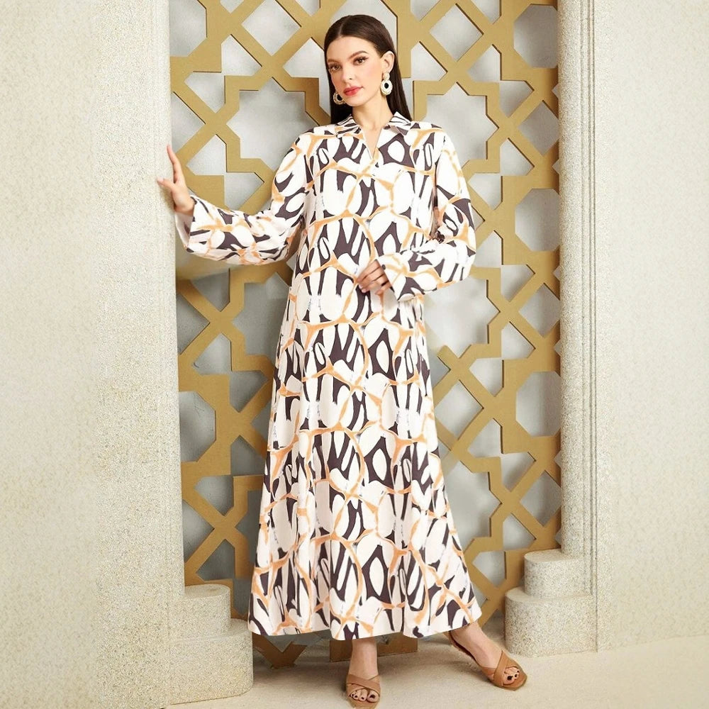 Plus Size Rafiah Women's Summer Arabian Dress 2025 Geometric Printing Long Sleeve Lapel A-Line Draped Long Dress