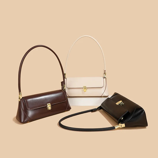 Genuine Cowhide Leather Shoulder Bag for Women – Underarm Style, Casual Phone & Makeup Clutch, Korean