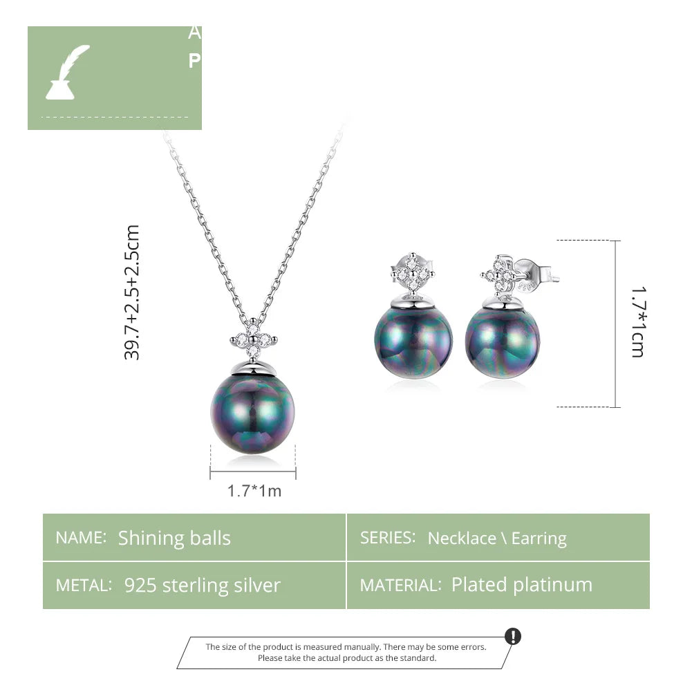 bamoer 925 Sterling Silver Elegant Black Pearl Earrings Necklace Shell Pearl Necklace Chain for Women Fine Jewelry Set BSN226