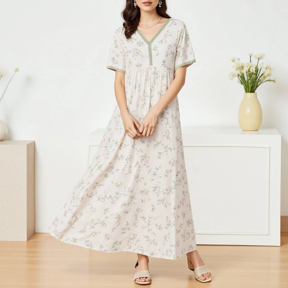 Rafiah Autumn Arabian Long Dress 2025 Casual Daily Ditsy Floral Short Sleeve V-Neck A-Line Dress For Women