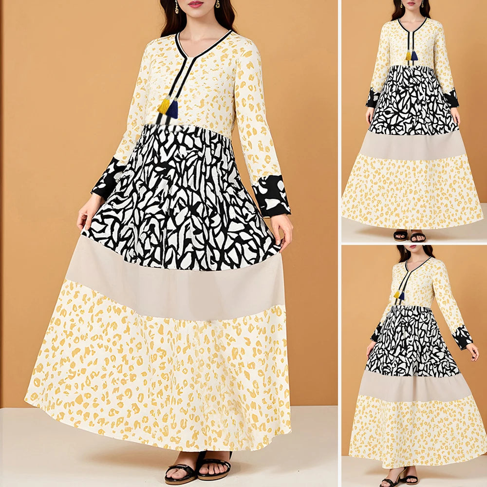 Rafiah Autumn Arabian Long Dress 2025 Modest Fashion Patchwork Long Sleeve V-Neck Midi A-Line Casual Dress For Women