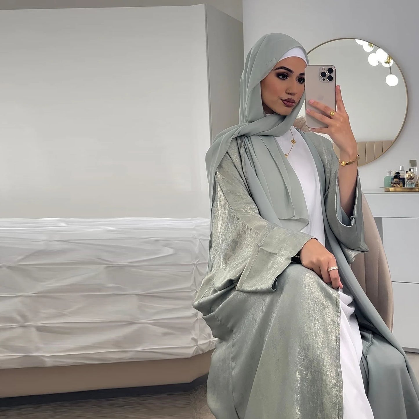 Dubai Luxury Shiny Satin Open Kimono Abaya – Muslim Kaftan Dress for Women