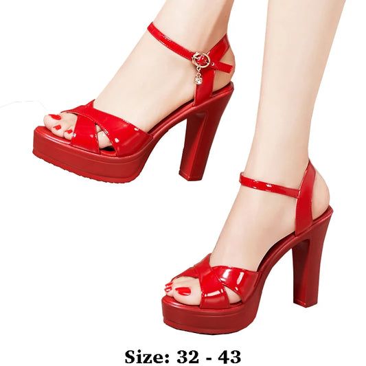 Women’s High Heel Summer Leather Sandals – 10 cm Spike Heel with Platform, Open Toe