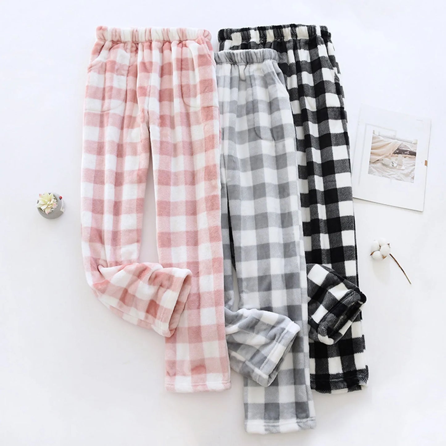 Women Loose Pajama Pants Plush Sleep Pants Soft Elastic Waist Pajama Bottoms Plaid New Classics Pants With 2 Pockets S-3XL