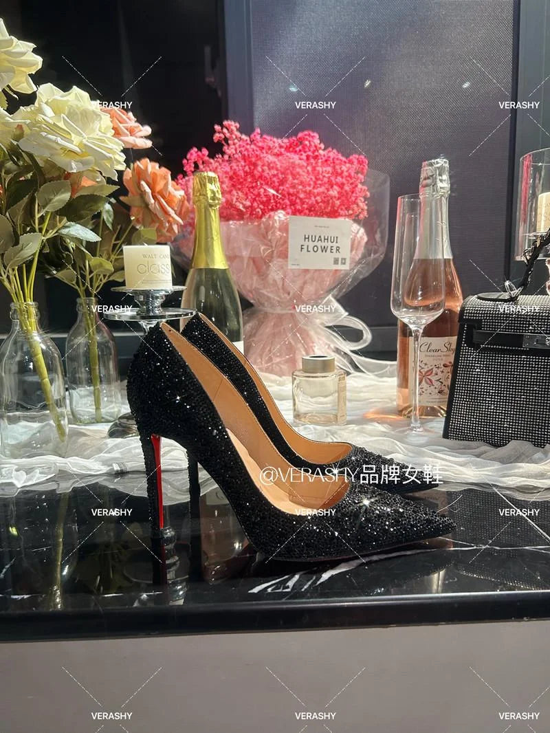Crystal red soled high heels, black pointed shallow mouth single shoes, thin heels, evening temperament women's shoes