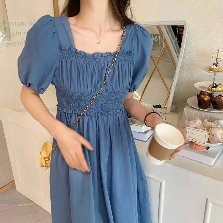 Sweet Retro Hepburn Sle Square Collar Dr Waist-Cinching Long Bla Dr Initial Love Tea Break Faionable Summer Dr