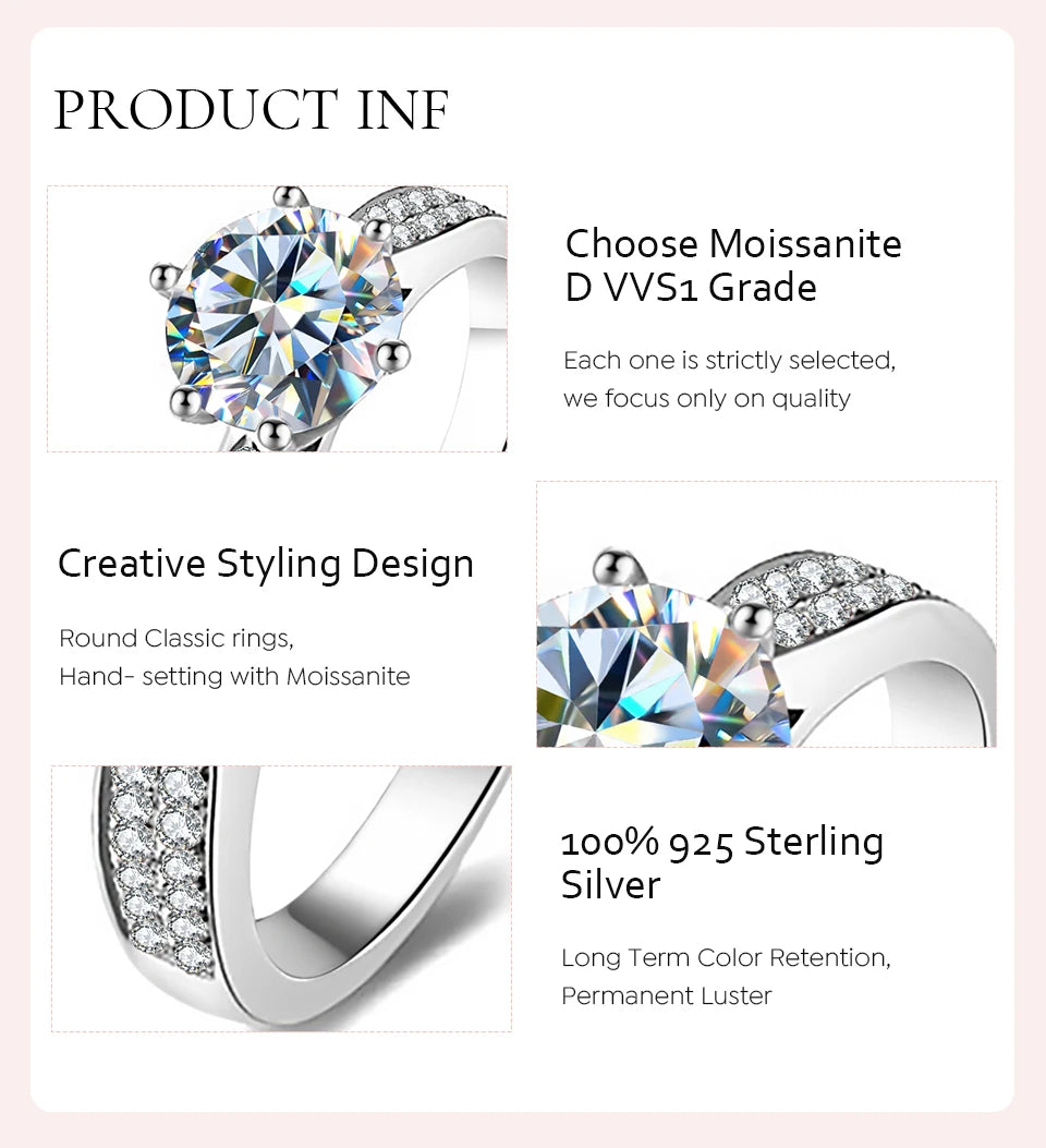 GRA Luxury 1CT Certified Moissanite Diamond Gemstones Rings for Women Real 925 Sterling Silver Wedding Gorgeous Fine Jewelry