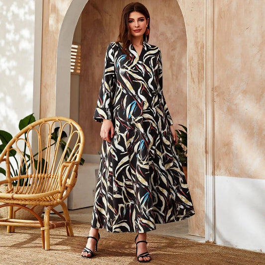 Rafiah Women's Summer Long Arabian Dress Chic Daily Irregular Grain Full Print Long Sleeve V-Neck Midi Loose Fit Dress