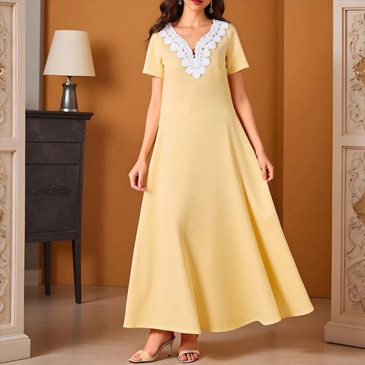 Rafiah Summer Dress 2025 Women's Arabian Dress Comfortable Plain Short Sleeve V-Neck A-Line Daily Basic Long Dress
