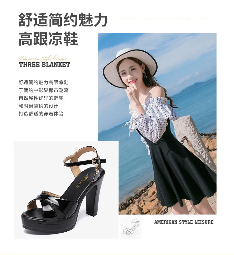 Women’s High Heel Summer Leather Sandals – 10 cm Spike Heel with Platform, Open Toe