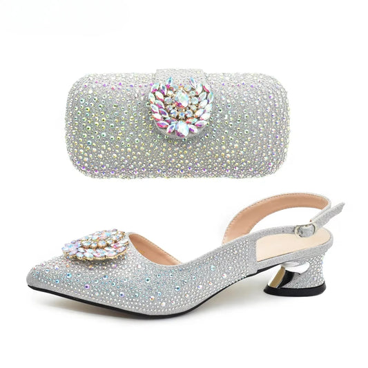 New Italian Shoe and Bag 2025 High Quality Luxury Full Diamond Italian Shoes and Bags Matching Set Decorated with Rhinestone
