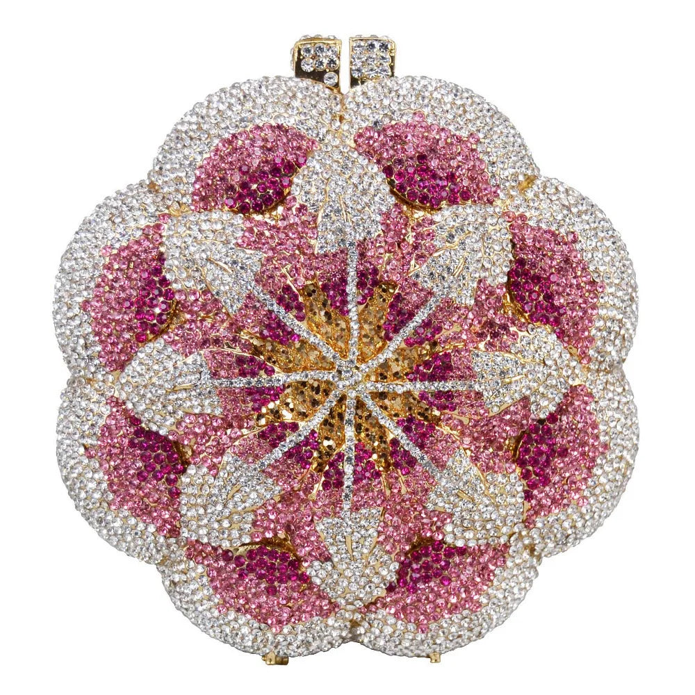 Rose Flower Pink/Green Rhinestones Evening Clutches Women Floral Yellow Crystal Evening Bags Bridal Wedding Party Clutch Purse