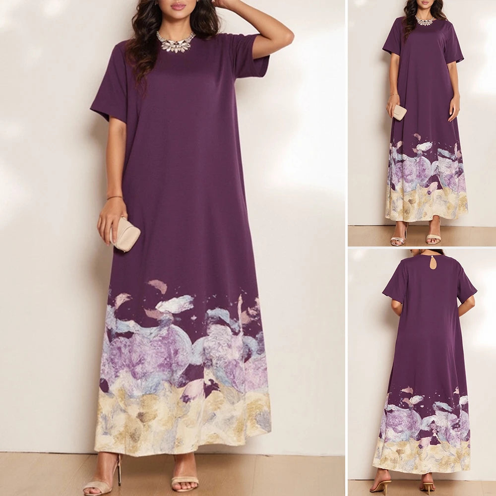 Rafiah Women's Dresses Summer Elegant Decent 2025 Grass Print Short Sleeve Round-Neck Midi A Line Casual Long Dresses
