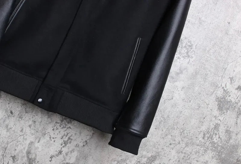 Men 100% Genuine Leather Jacket Woolen Patchwork Loose Stand Collar Jacket Street Zip Black Bomber Outerwear Plus Size 6XL