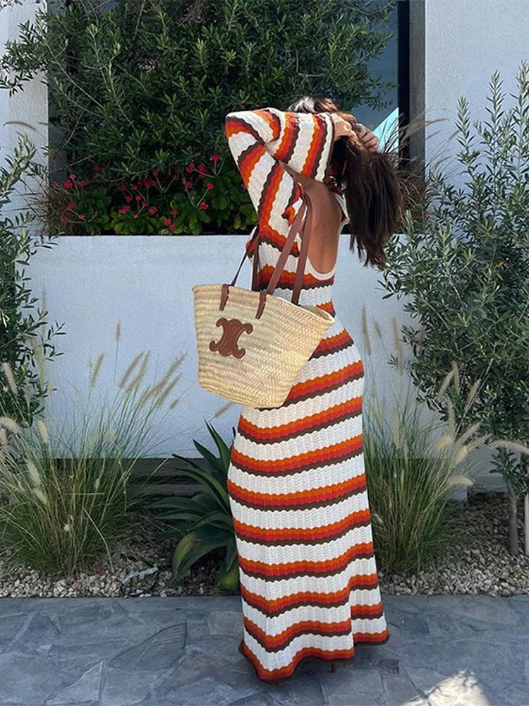 Tossy Striped Contrast Knit Maxi Dress Women Hollow Out Long Sleeve Cover up Summer Loose Ladies Dress High Waist Fashion Dress