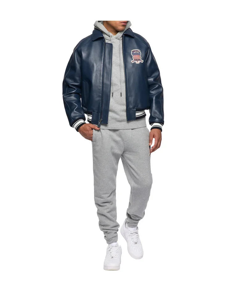 AVIREX Fall New ICON JACKET Sheepskin Leather Jacket Men's Bomber Flight Suit Embroidered Jacket Casual Top US Size Loose Fit