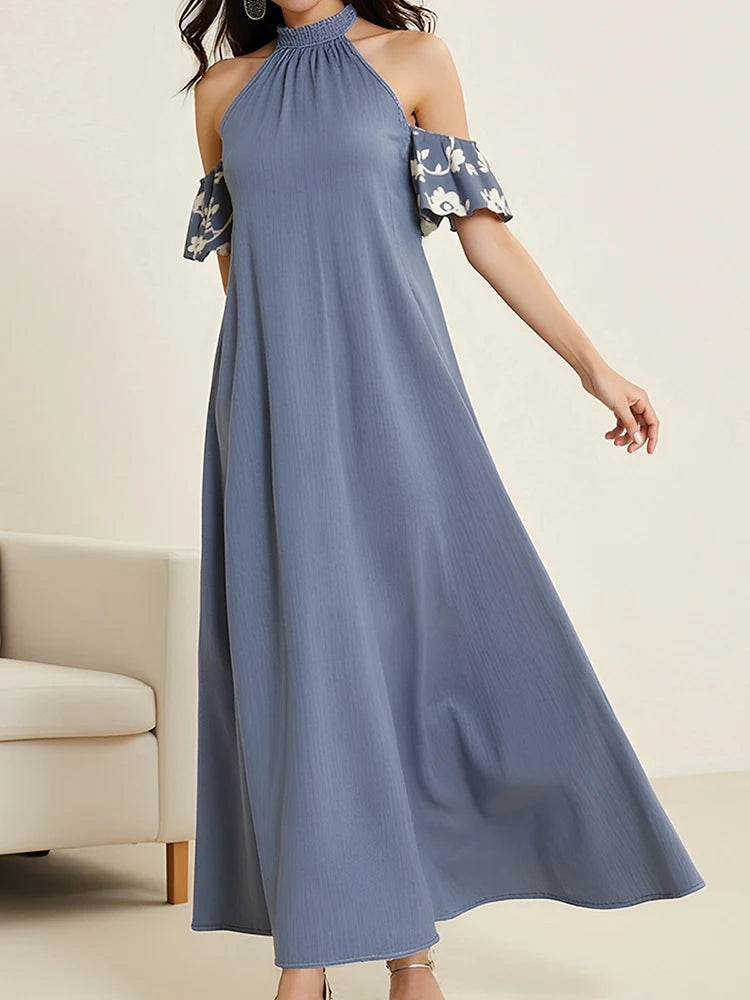Rafiah Women's Spring Blue Cold Shoulder Maxi Dress with Ruffled Sleeves Casual Loose Fit A-Line Dress