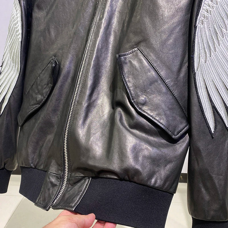 Embroidered eagle wings leather baseball jersey men stand-up collar full vegetable tanned sheepskin genuine leather jacket tops