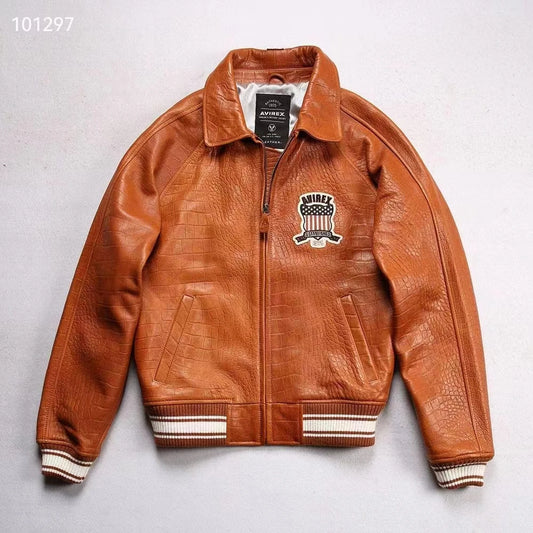 AVIREX new men's genuine leather jacket France 1.5 mm thick sheepskin embroidered crocodile pattern flight suit baseball coat
