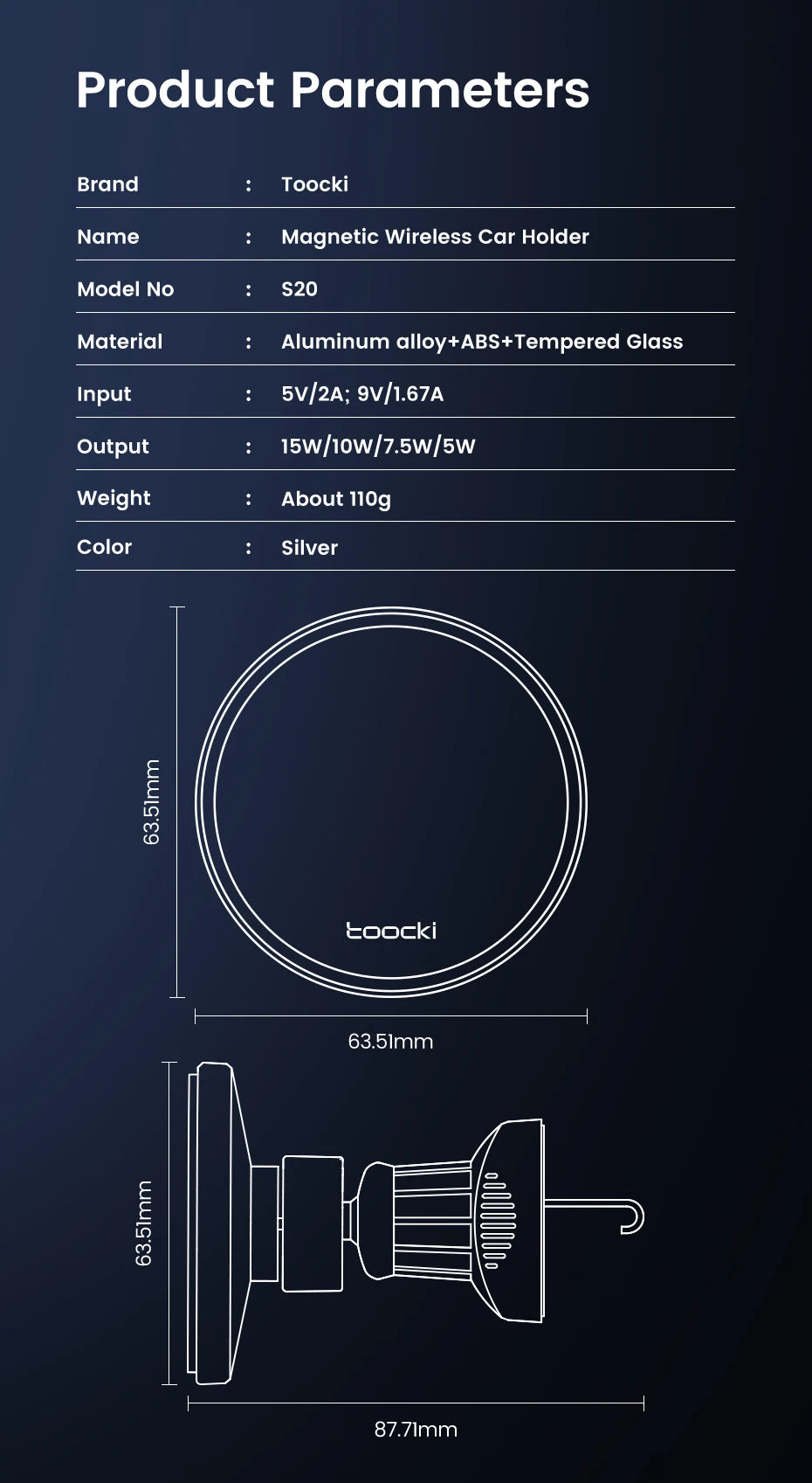 Toocki RGB Magnetic Car Phone Holder 15W Wireless Charger Car For iPhone 15 14 13 Pro Max Samsung Phone Car Charger Holder Stand