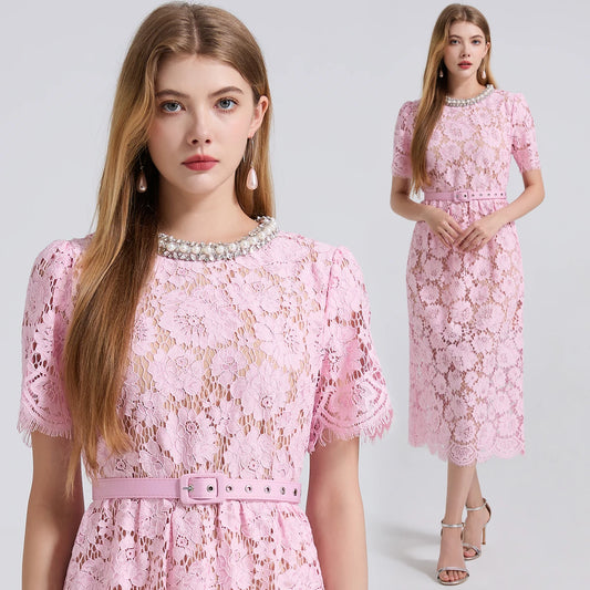 Luxury Eyelash Lace Mid-Calf Party Dress – Women’s Summer Short Sleeve A-Line with Crystal Beading, Hollow-Out Design – Pink Bridesmaid & Prom Gown