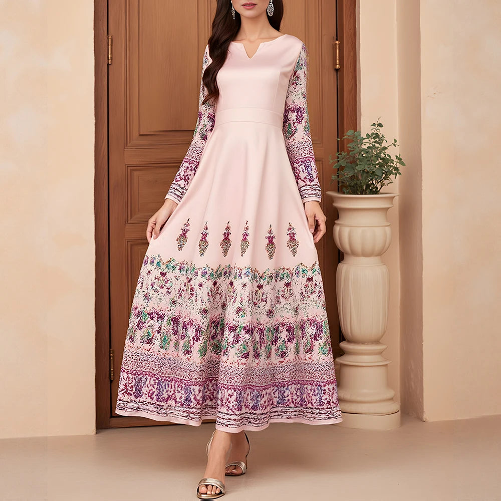 Rafiah Women's Dresses Summer Elegant Decent Fashion 2025 Traditional Print Long Sleeve V-Neck Maxi A Line Casual Long Dress