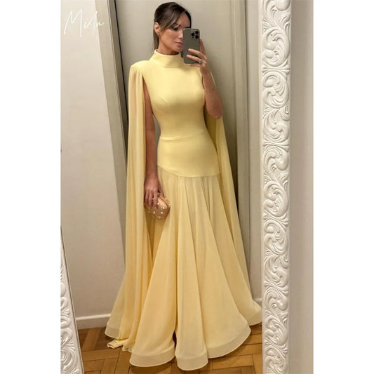 Mila High Neck Customized Yellow Evening Dresses Sleeveless A-Line Prom Dress 2025 Shawl Floor-Length Wedding Party Formal Gowns