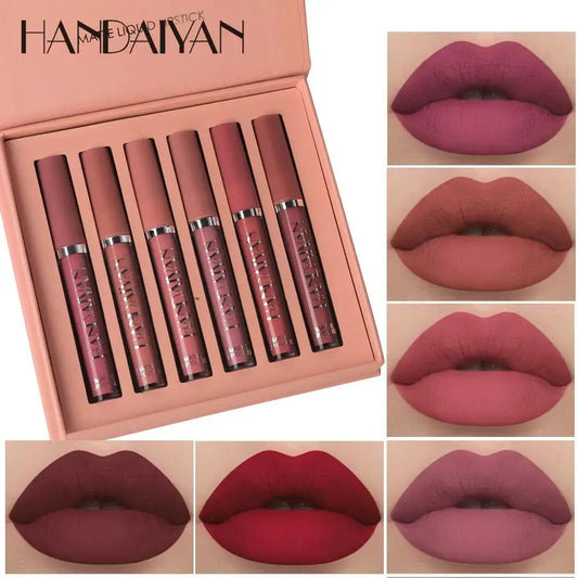 HANDAIYAN 6 Shade Lipstick Set Matte Finish Liquid Lip Gloss Waterproof Long Lasting No Smudge Vegan Beauty