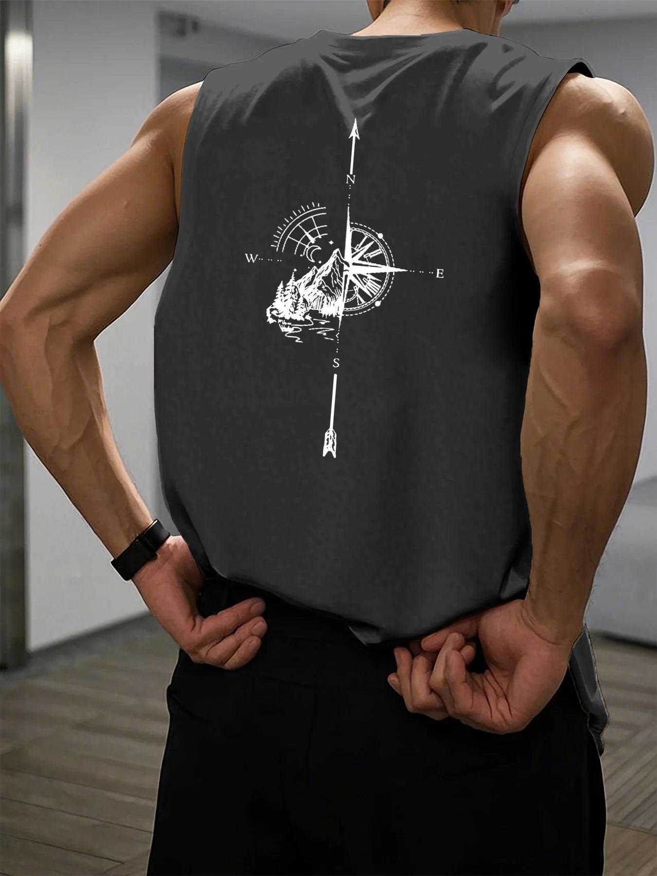 🧭 Men’s Summer Sleeveless Vest,
Mountain & Compass Print | N.S.E.W Arrows | Loose Fit | Comfortable & Breathable | Travel & Fitness