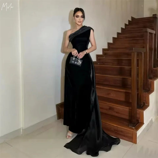 Mila فساتين سهرة سوداء بكتف واحد غمد ذيل بطول الأرض للحفلات حسب الطلب أنيقة بسحاب 2025 جديدة في الفساتين