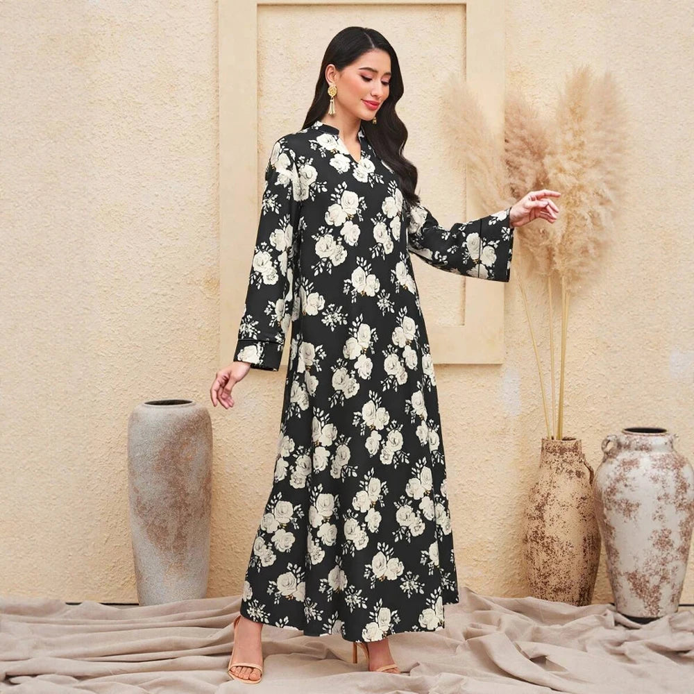 Rafiah Women's Long Dresses Summer Elegant 2025 Full Print Floral Long Sleeve Shirt Collar A-Line Midi Vacation Dresses