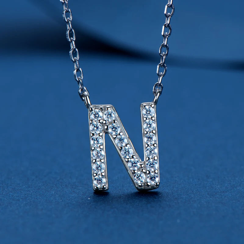 Lnngy Colar Prata 925 Sterling Silver A-Z Alphabet Pendant Necklaces Initial Letter 1.4MM Moissanite Necklace for Birthday Gift