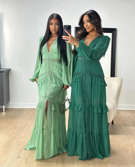 Maxi Dress Ruffles Long Sleeve Hollow Out Evening Dresses Party Chic Robe Green Blue Purple New In Holiday Summer