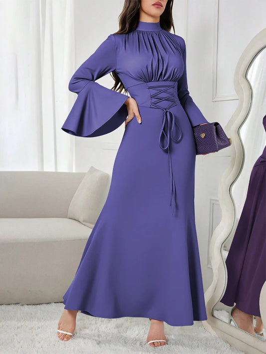 Rafiah Women's Summer Dress Mature Vibe Plain Lace-Up Flare Sleeve Mock Neck A-Line Party Long Dresses Evening Dresses 2025