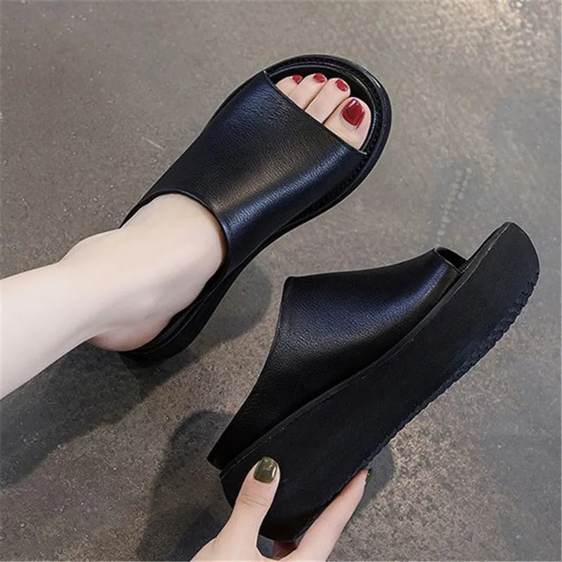 Women’s Genuine Leather Wedge Slippers – Handmade Summer Slides