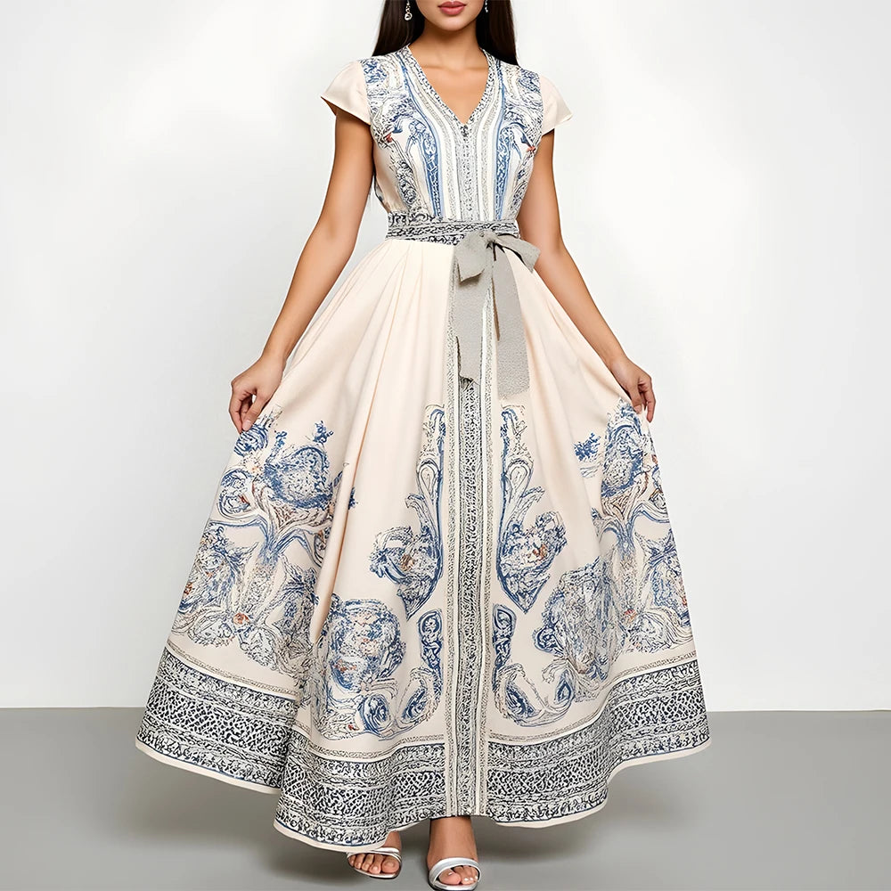 Rafiah Women's Summer Dress Modest Elegant Lace-Up Graphic Printing Cap Sleeve Sweetheart Neck Mixi Dating Arabian Dress