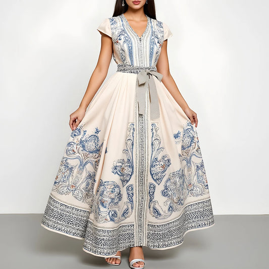 Rafiah Women's Summer Dress Modest Elegant Lace-Up Graphic Printing Cap Sleeve Sweetheart Neck Mixi Dating Arabian Dress
