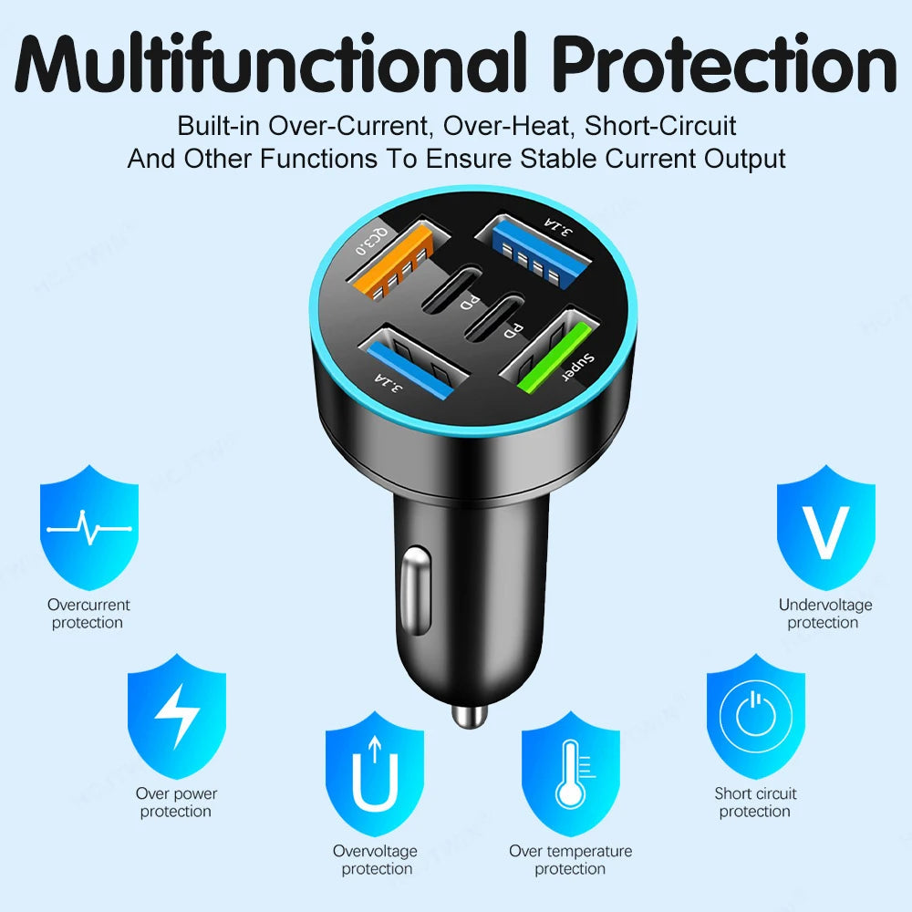 250W 5 Ports Car Charger Fast Charging PD QC3.0 USB C Car Phone Charger Adapter With Voltage For iPhone Samsung Huawei Xiaomi