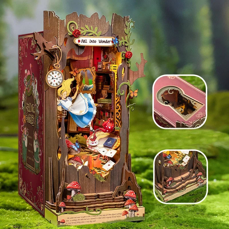 Robotime Rolife Book Nook Kits Fall into Wonder DIY Booknook with Lights Miniature House Kit 3D Wooden Puzzle Bookshelf Gift TGB