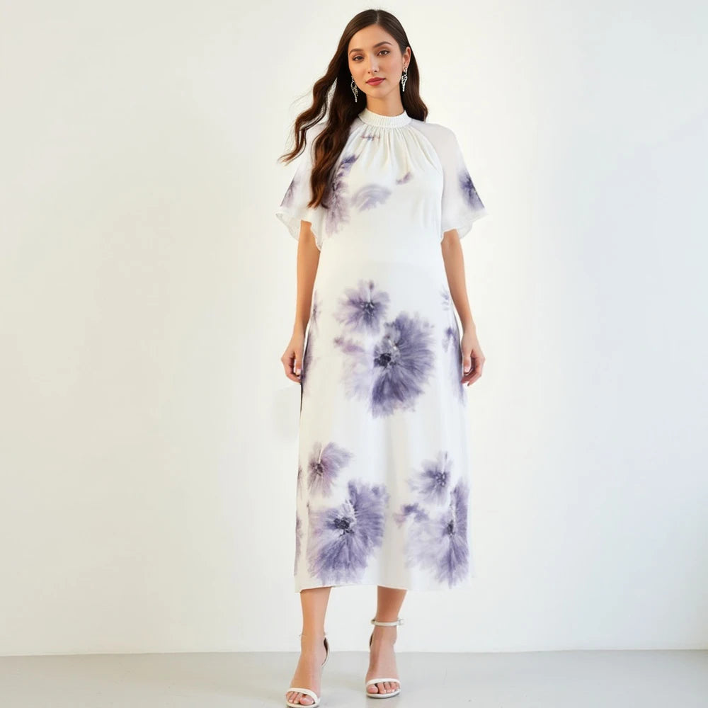 Rafiah Women's Summer Long Dress Arabian 2025 Casual Flower Print Sheer Draped Short Sleeve Halter Neck Vacation Dress