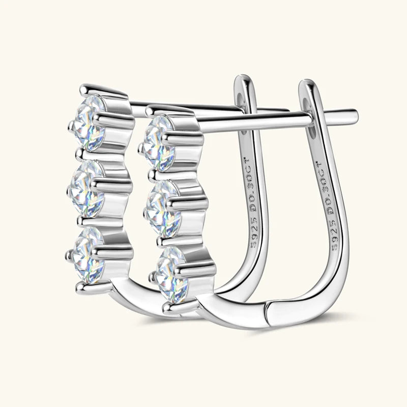 Lnngy Korean INS 3mm Three Stone Moissanite Earrings For Women 925 Sterling Silver U-Shaped Earrings Hoop Pendientes Jewelry