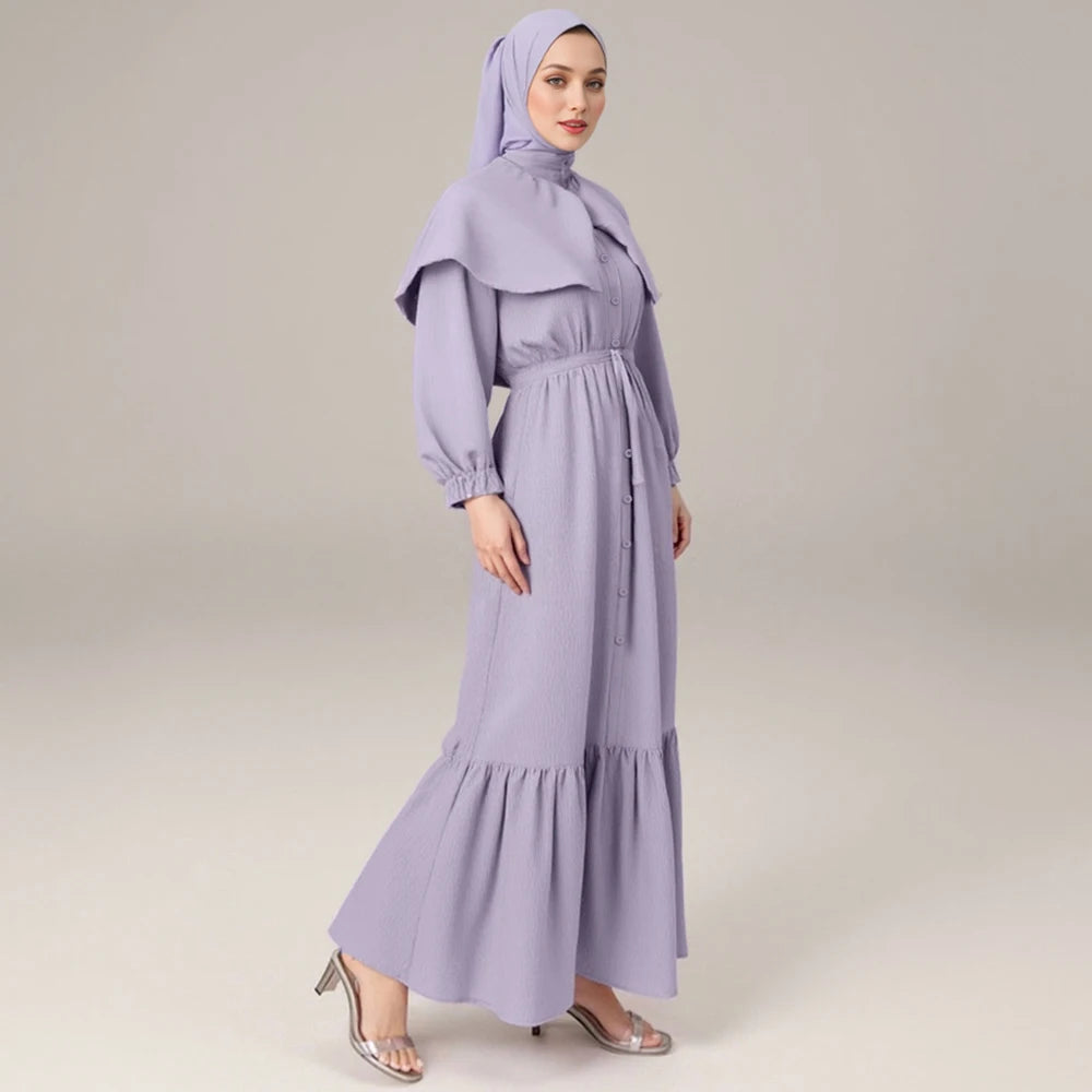 Rafiah Summer Long Dresses 2025 Traditional Solid Color Single Breasted Long Sleeve Crew Neck Midi Casual Dresses For Women