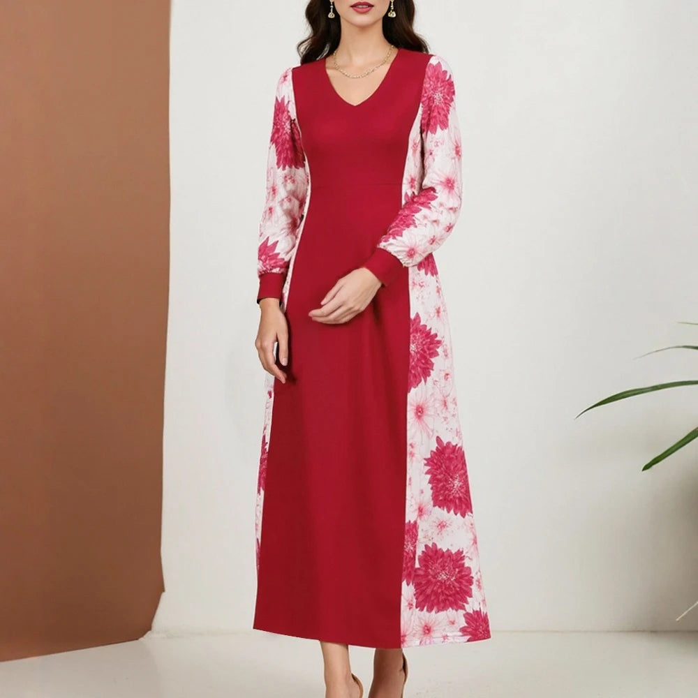 Rafiah Women's Summer Arabian Dress Loose Fit Floral Stitching Design Cuff Sleeve Sweetheart Neck Midi Casual Daily Dress