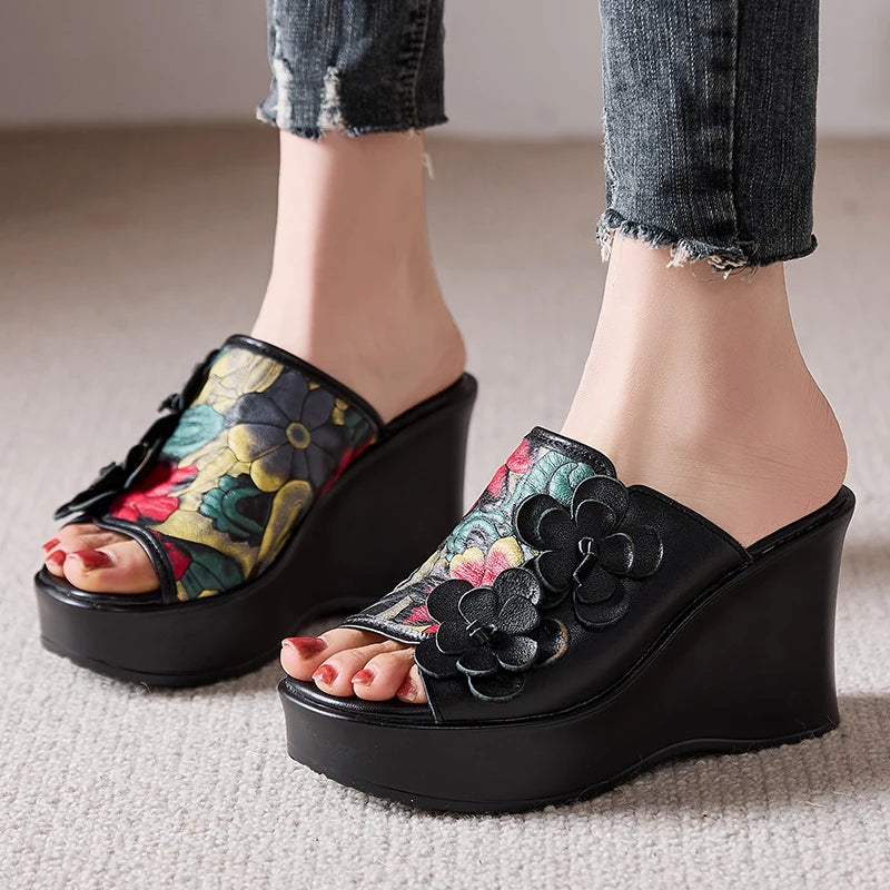 Genuine Leather Women Flower High Heels Wedges Summer Platform Slippers