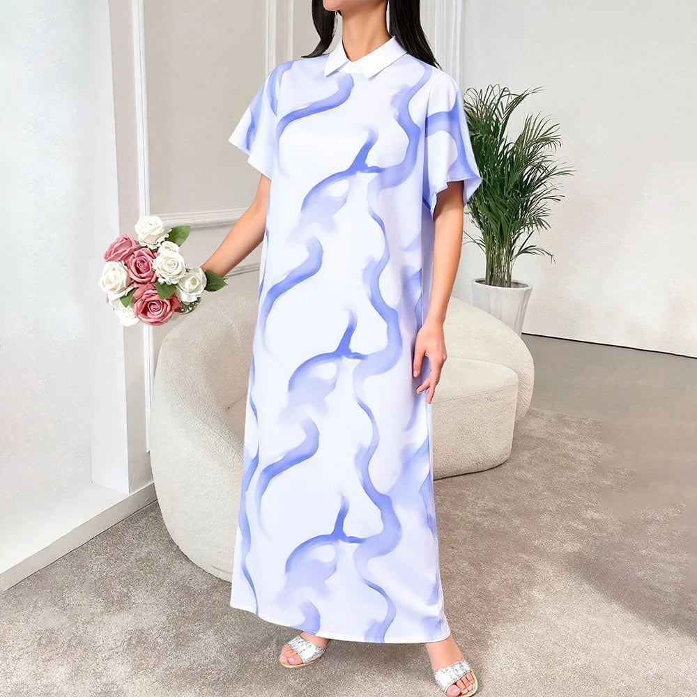 Rafiah Women's Summer Long Arabian Dress Fashion Daily Gradient Short Sleeve Polo Collar Midi Loose Fit Shift Dresses