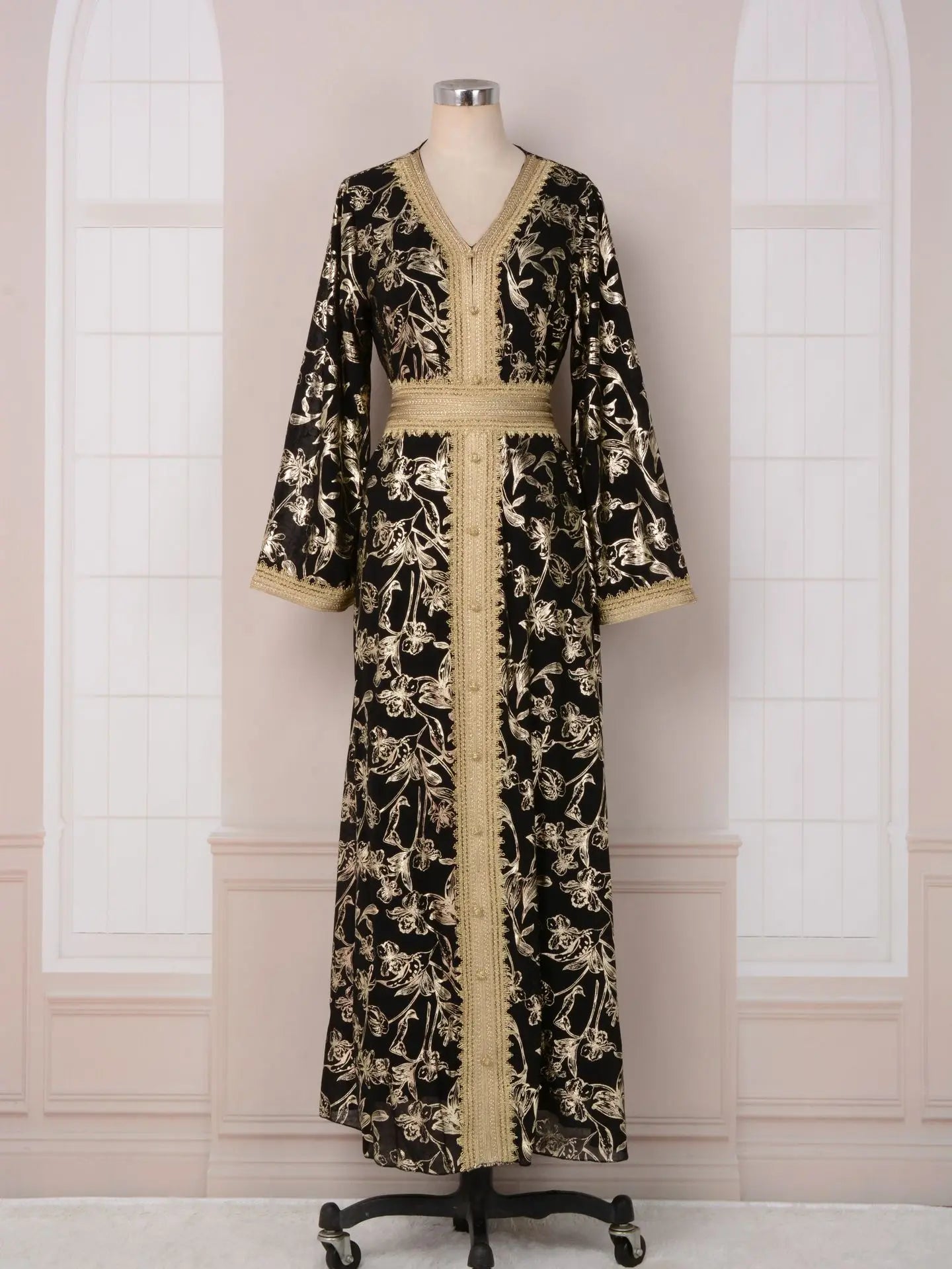 KAF Dubai Luxury Evening Party Dress 2025 Spring Fall New V-neck Long Sleeve Retro Printing Design Loose Large Size Female Abaya