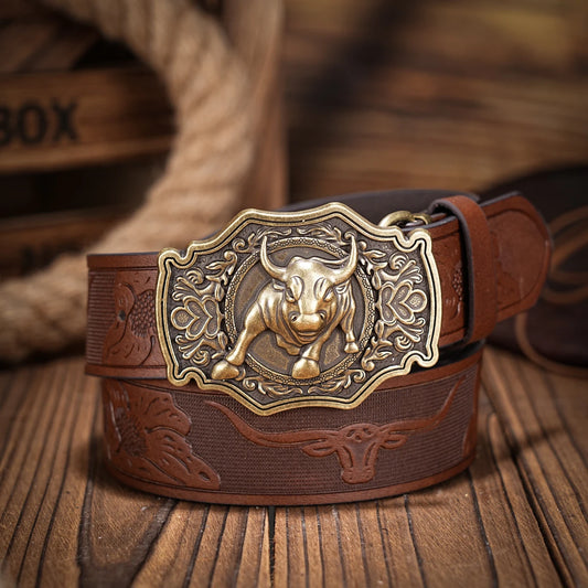 Western denim PU Belt - men's decorative printed carved denim waistband