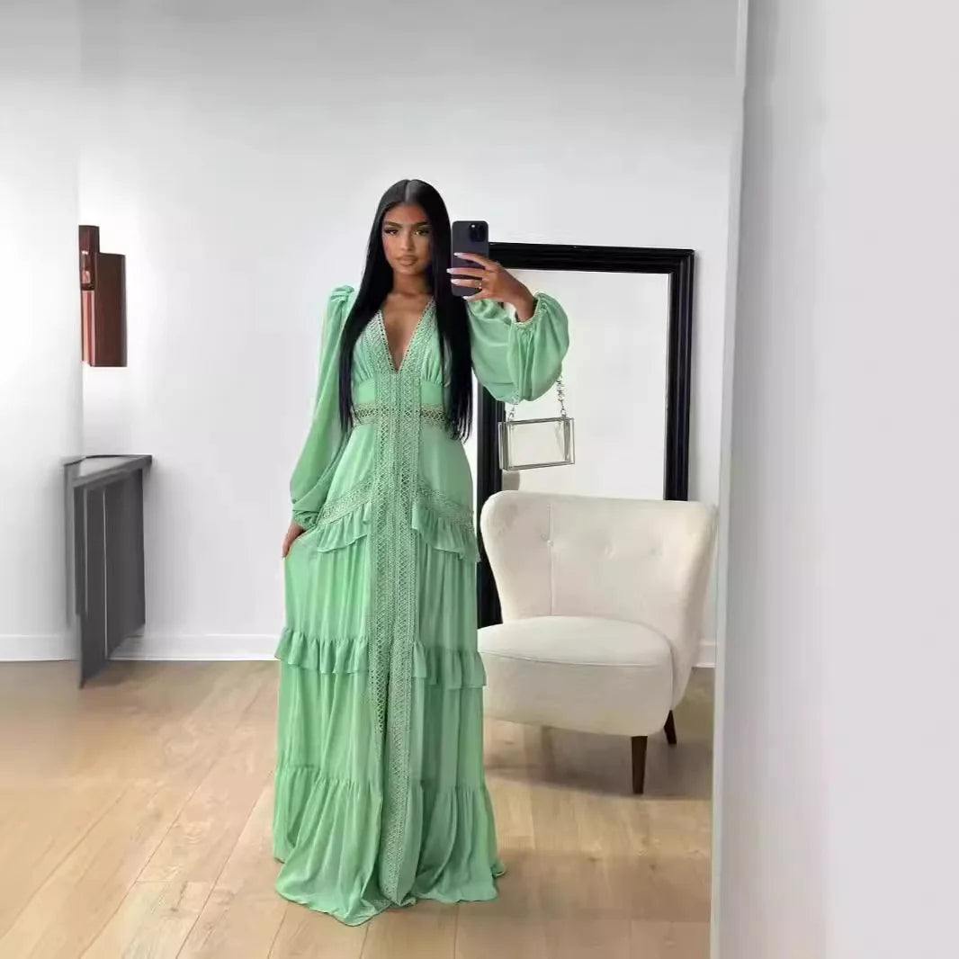 Maxi Dress Ruffles Long Sleeve Hollow Out Evening Dresses Party Chic Robe Green Blue Purple New In Holiday Summer